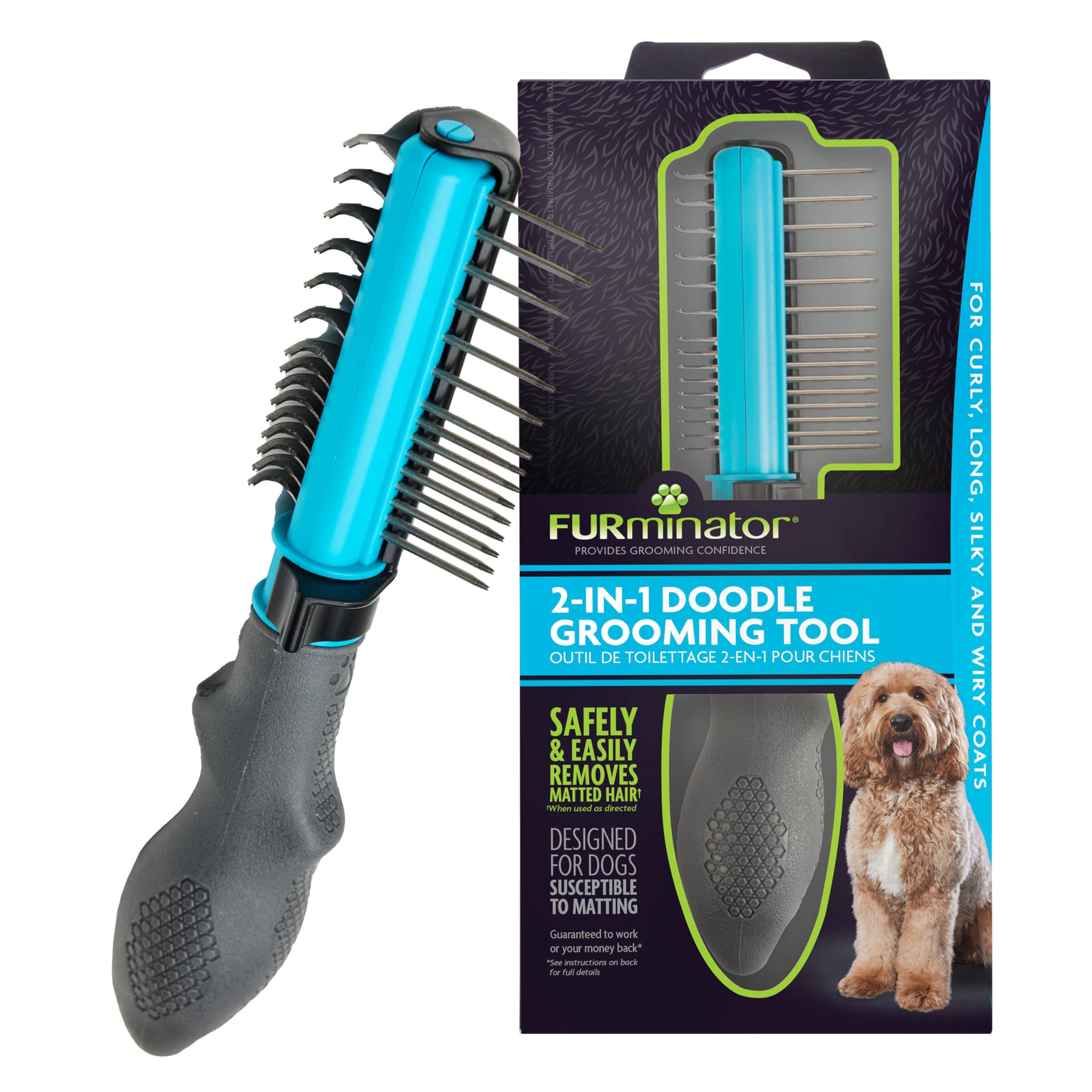 FURminator Outil de toilettage 2 en 1 pour chiens, 1 pièce, outil de démêlage avec peigne pour tapis, enchevêtrements et entretien sur pelages bouclés, longs, soyeux et câlins