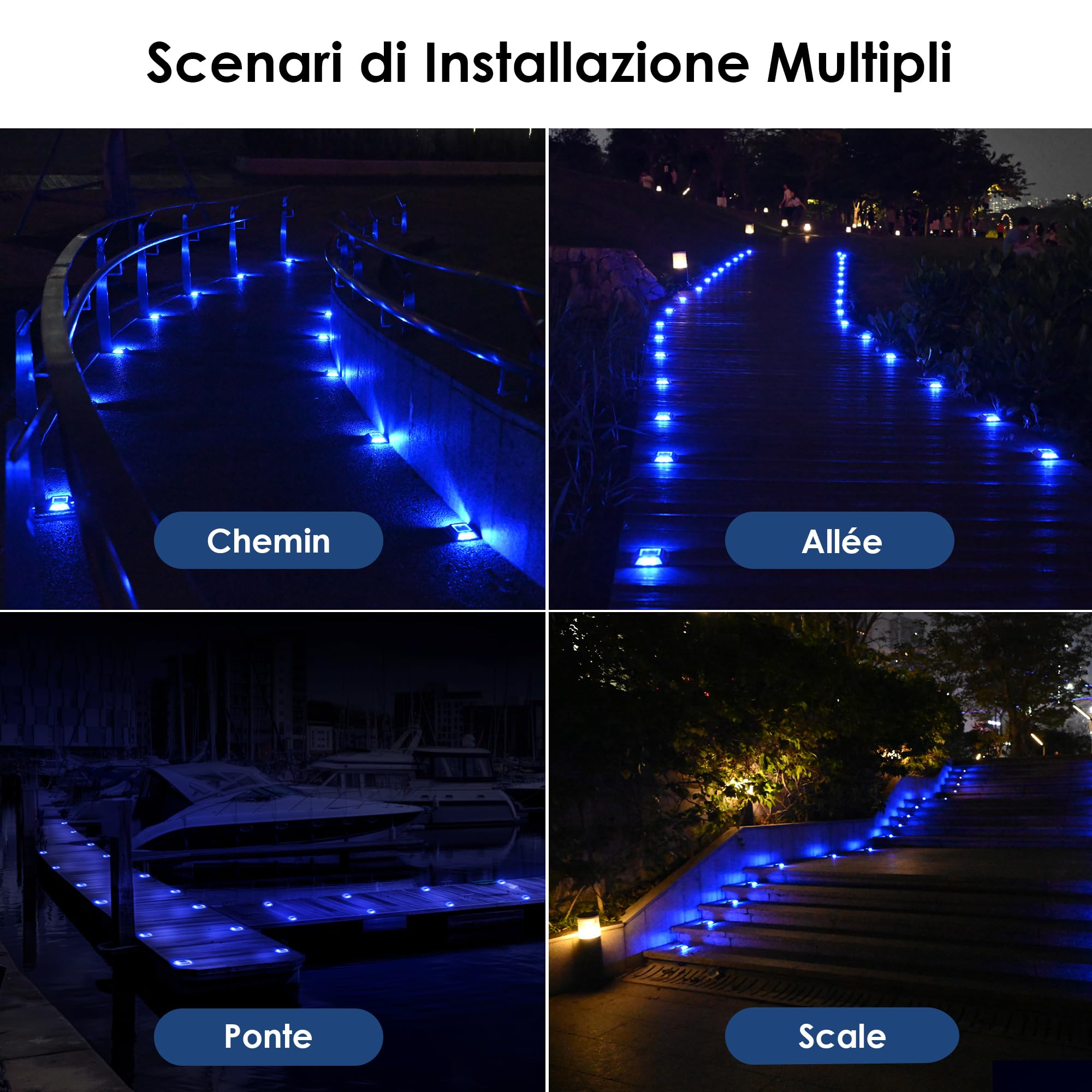 Luci Solari Esterno 12 Pezzi Segnapasso LED Esterno Impermeabile IP68 Lampione Solare Blu Faretti Giardino Solari 24LM Luci LED Solari da Esterno Giardino per Terra, Scale e Piscina