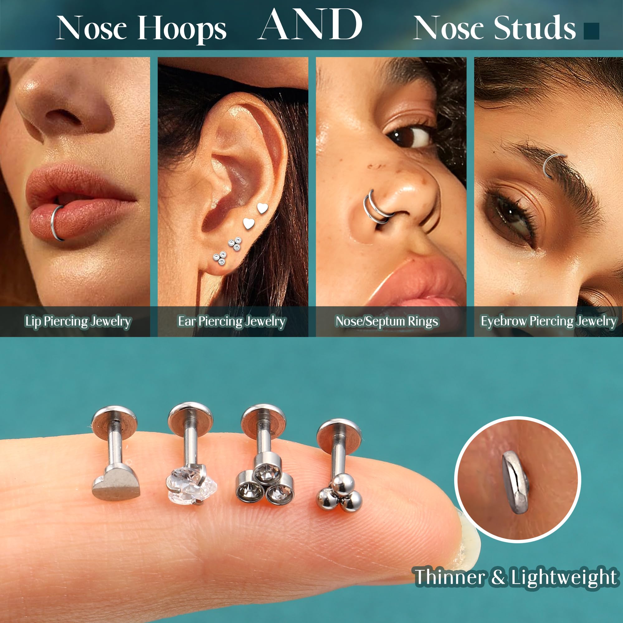 HHRFCS 16G Piercing Helix Biżuteria Gwintowany wkręt do nosa Labret Szpilki Kolczyk w nosie Kolczyki z płaskim tyłem Stal chirurgiczna Helix Hoop Muszla Daith Lip Piercing Tragus Srebrne Złoto