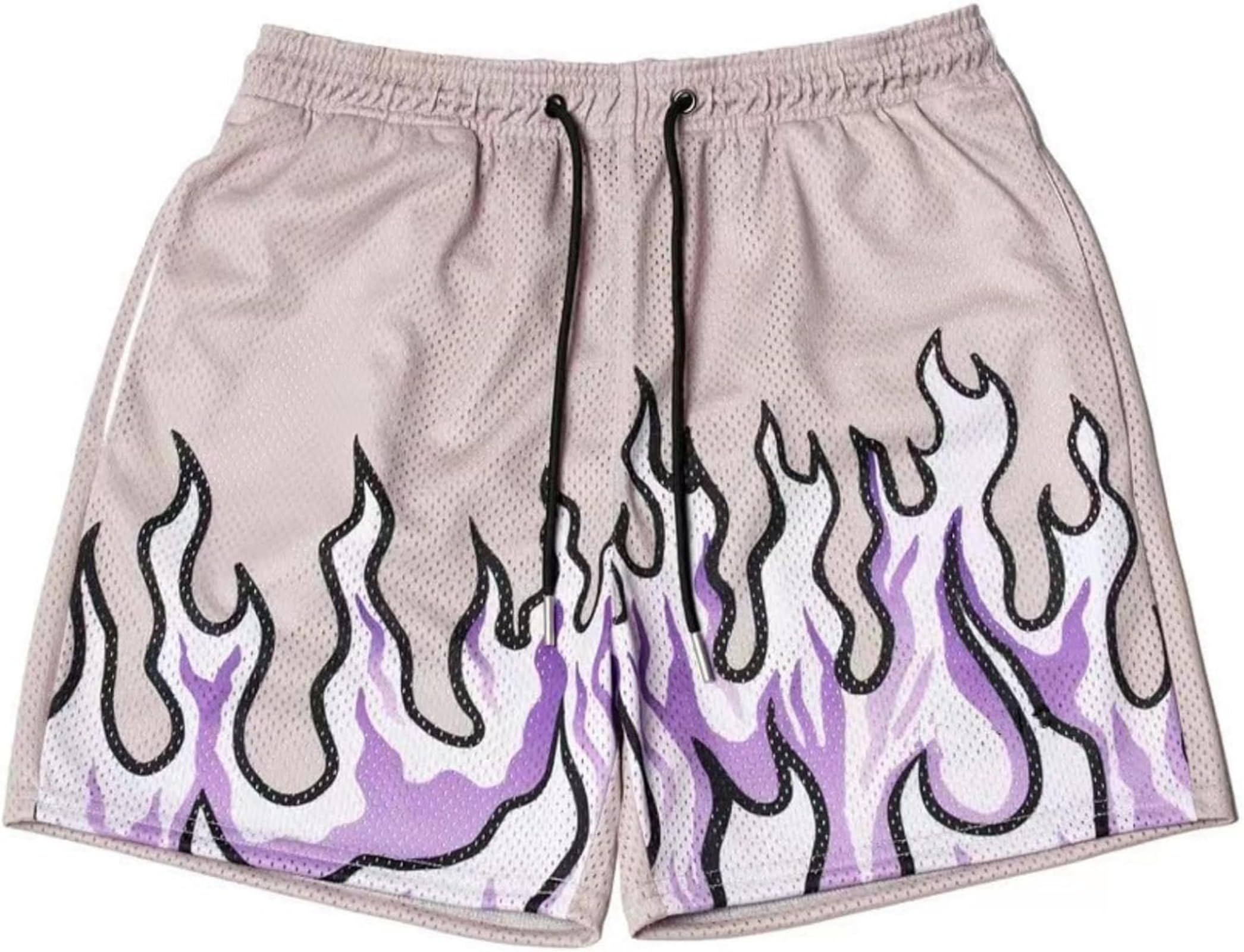 YYNYC Mens Graphic Mesh Basketball Shorts with Flame Print, Perfect for Workout, Running, Gym and Anime Fans