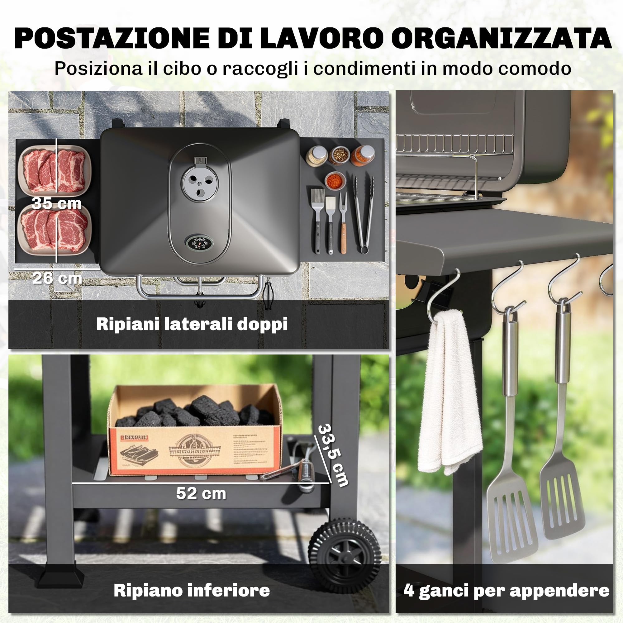 Outsunny Barbecue Carbonella Carrello BBQ Portatile con Griglia e Coperchio, Nero