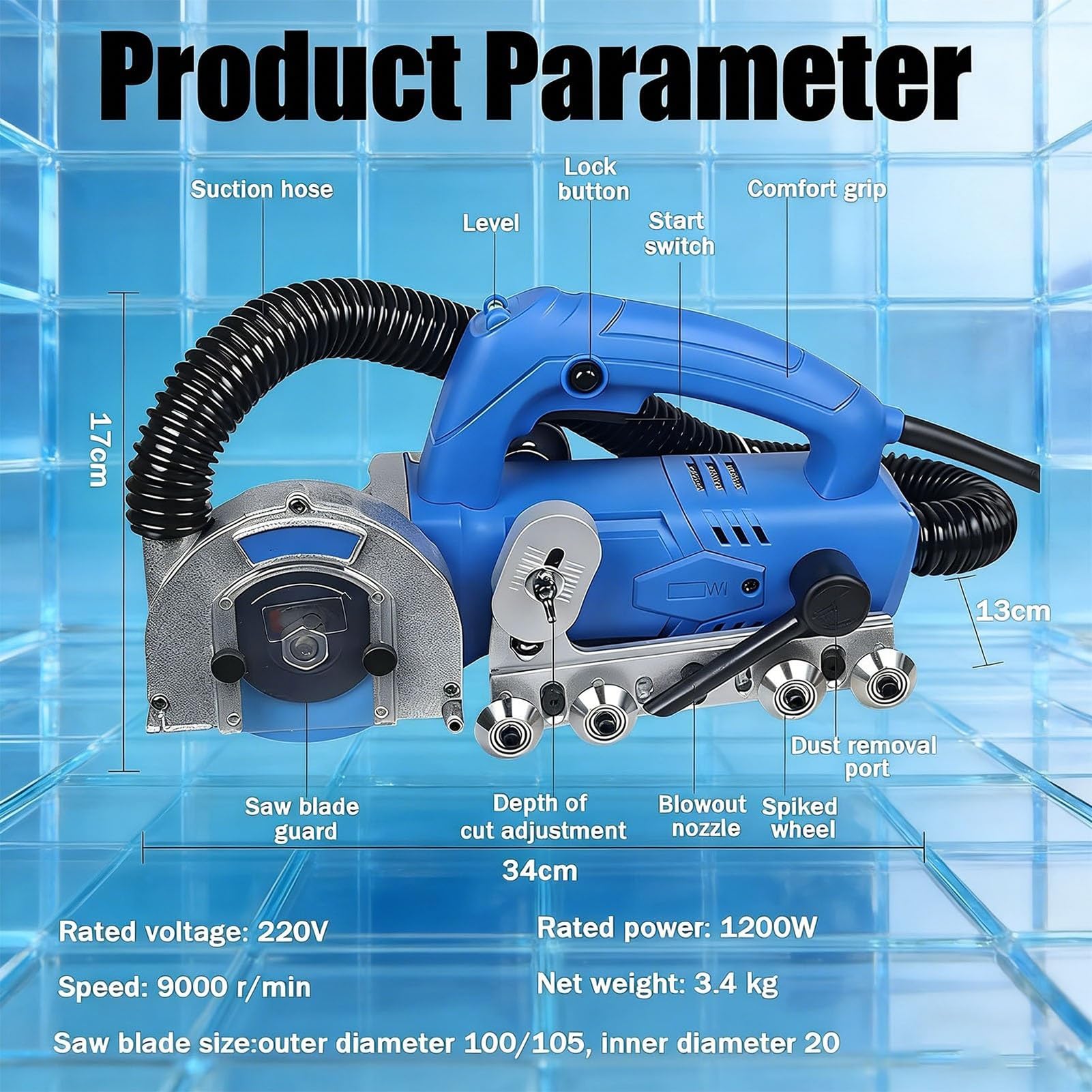 Elektrischer Fugenreiniger Mit transparenter Schutzabdeckung und Stützrolle,9000 RPM/ 1200 W,inklusive integrierter Staubabsaugung und 100mm Kling für die Fugenreinigung und Heimwerkerprojekte(B)
