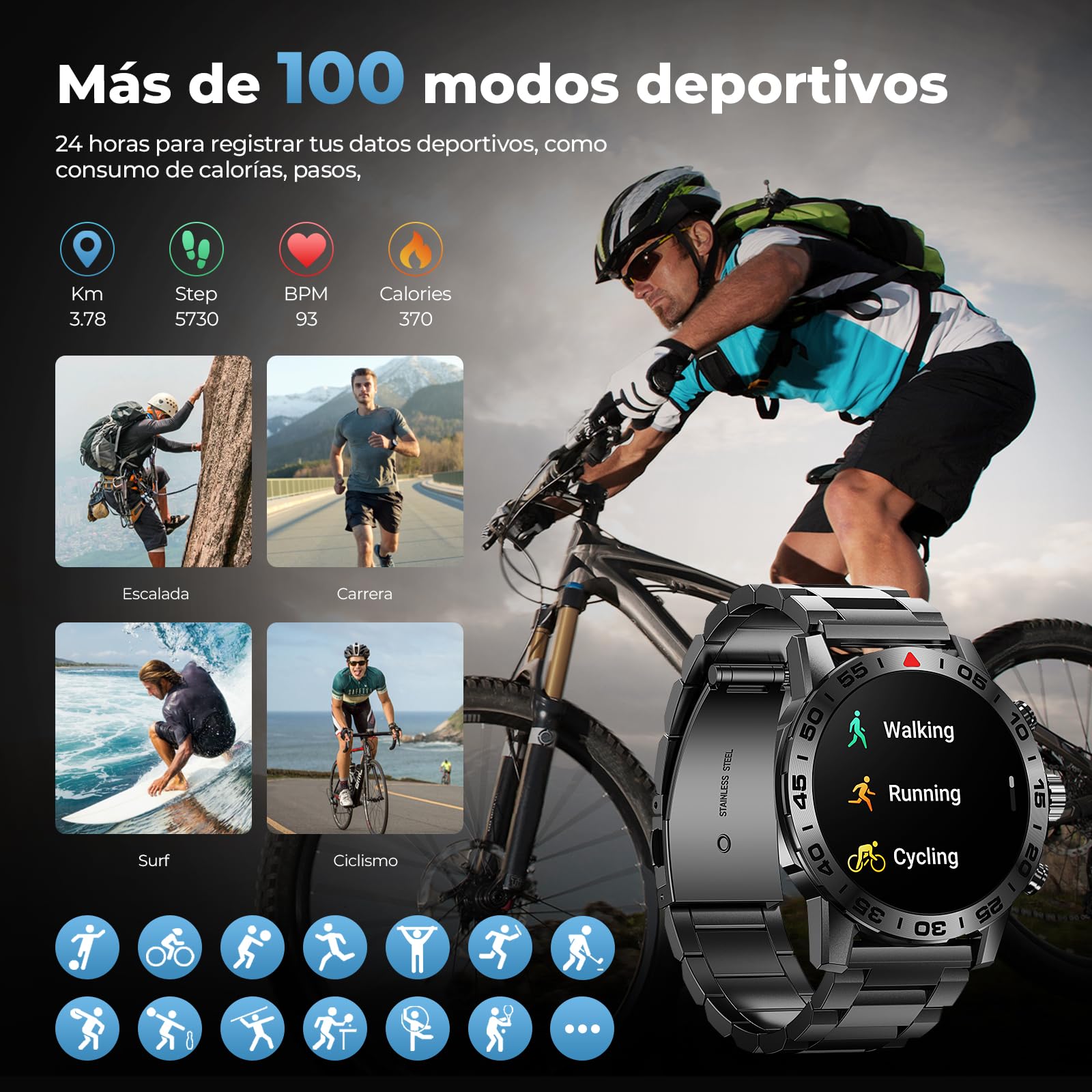 Reloj Inteligente Hombre, 1.39" Smartwatch con Llamada, Pulsómetro/Podómetro/SpO2/Monitor Sueño,100+ Modos Deportes,P68 Impermeable Militar Smart Watch Acero Correa Pulsera Actividad para Android iOS