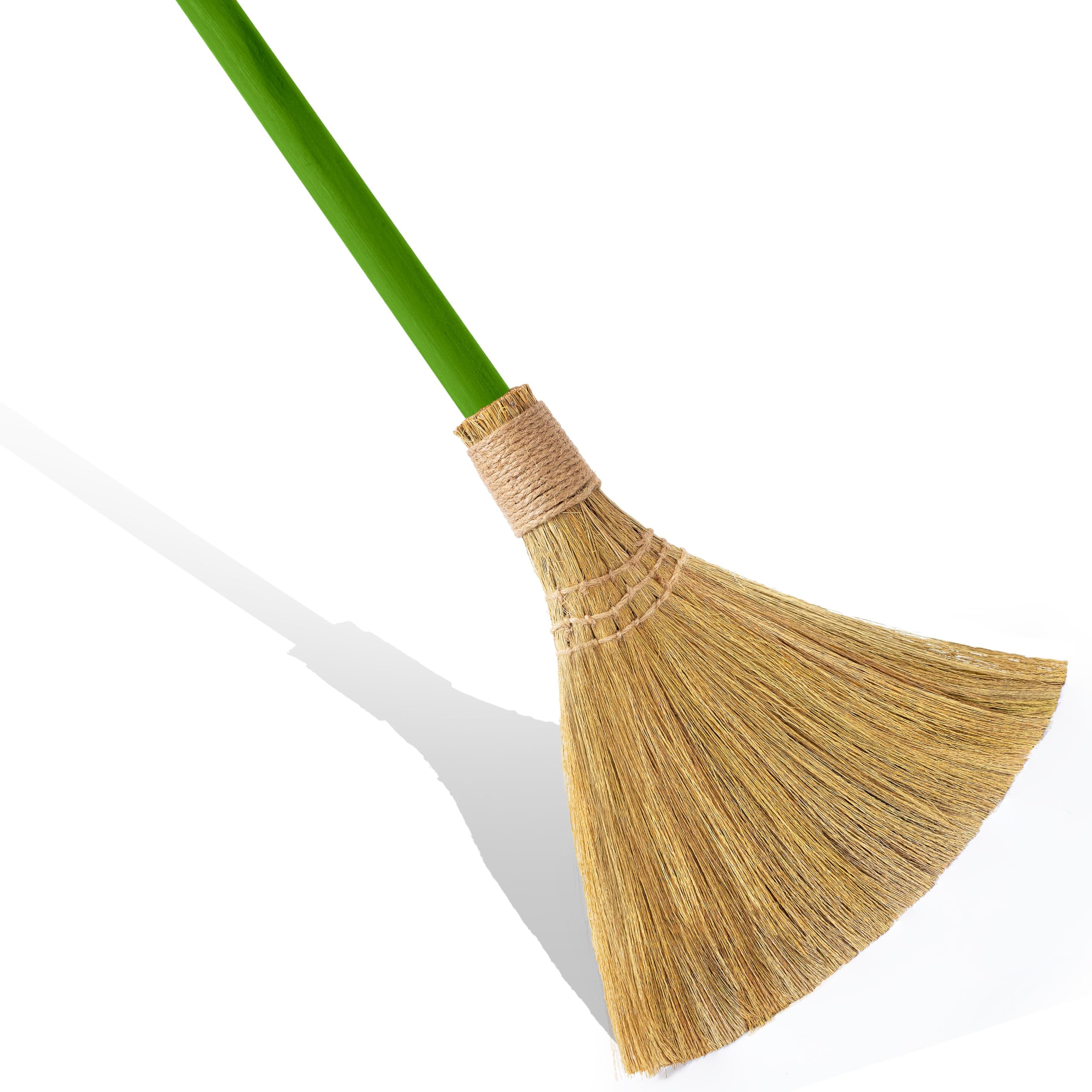 Vietnam Handmade Straw Whisk Broom with Green Wooden Handle - Soft Natural Grass Broom for Home, Kitchen, Bedroom &amp; Garage, 12.2" Wide x 27.95" Long