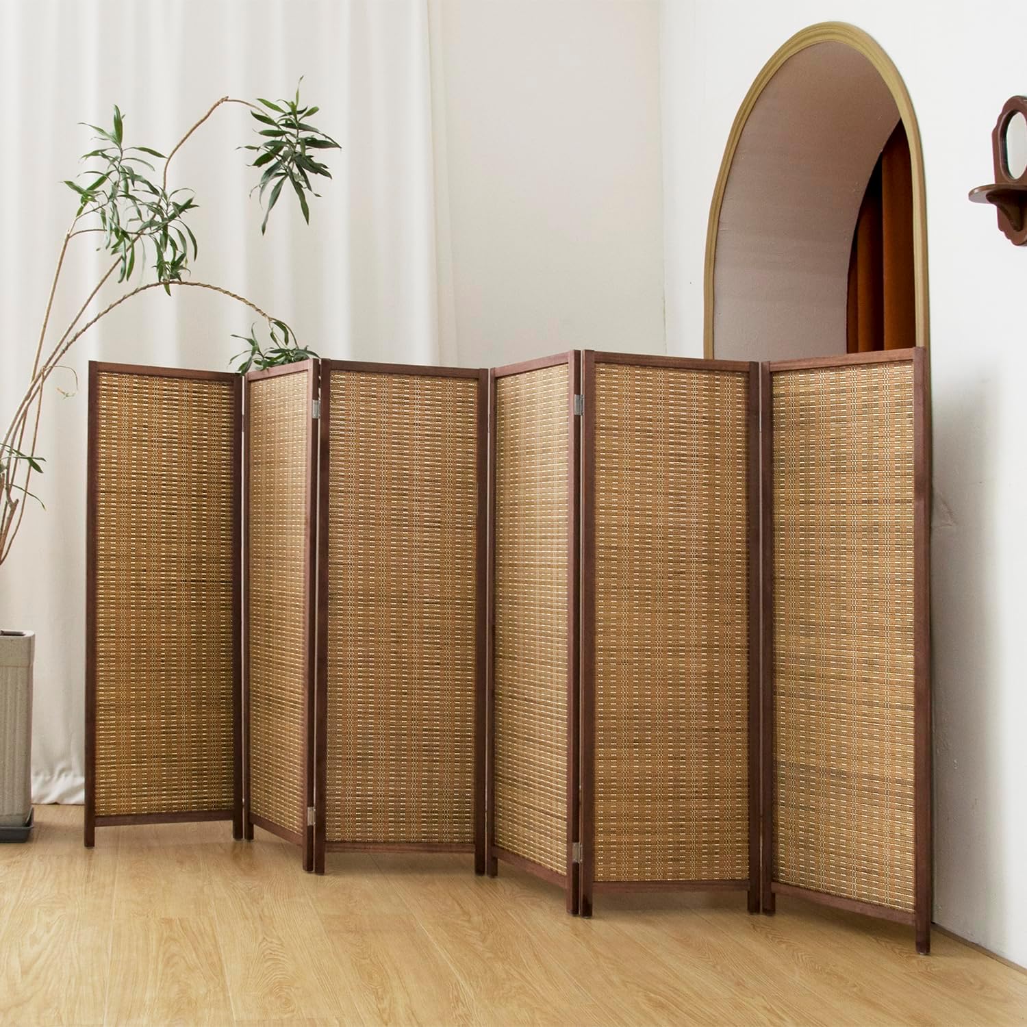 6 Panel Short Panel Divider Screen,3.95 FT Tall Bamboo Room Divider Folding Privacy Screen,Short Panel Divider Freestanding Room Divider for Room Seperation,Brown Brown 6 Panel
