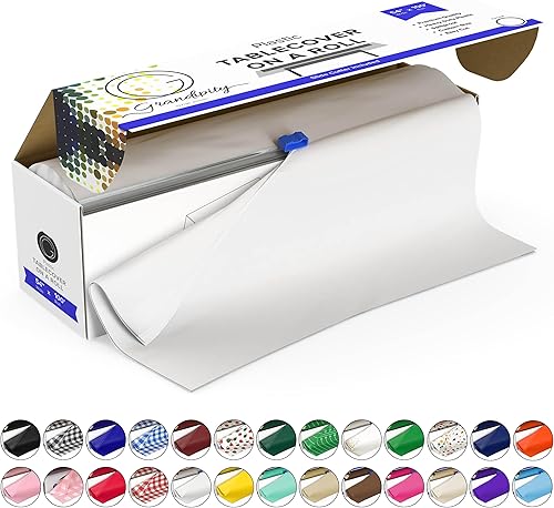 Grandipity Rollo de mantel de plástico, 54 pulgadas x 100 pies, manteles de plástico blanco para fiestas, desechables con caja de corte, mantel