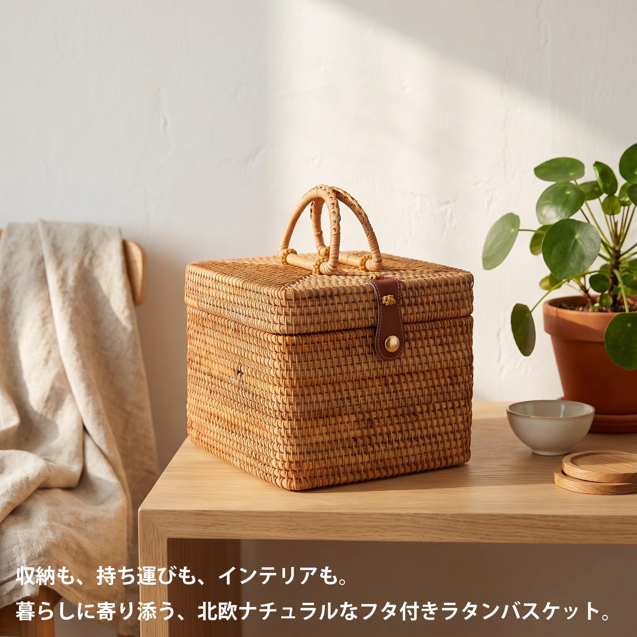 Amazon｜ラタンバスケット フタ付き 収納かご 持ち手付き ピクニック