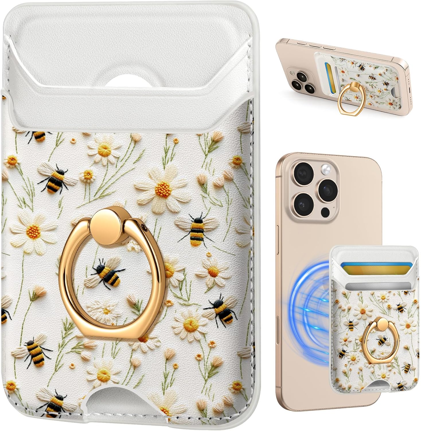 Shorogyt Compatible with Magsafe Wallet Magnetic Card Holder - Phone Wallets with Ring Grip Stand Cute Fashion for iPhone 17/16/15/14/13/12 Series for Women Girls White Bee Design, Fit 3 Cards