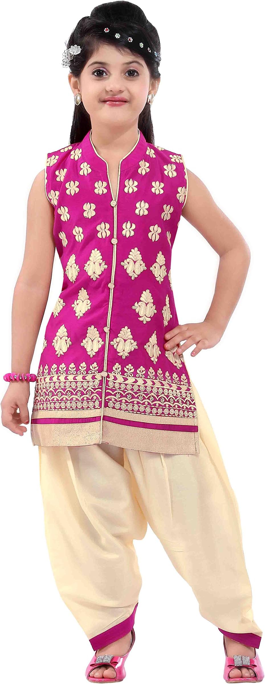 Girls' Indian Ethnic Wear Dupion And Netted Fabric Salwar Suit Set Pink