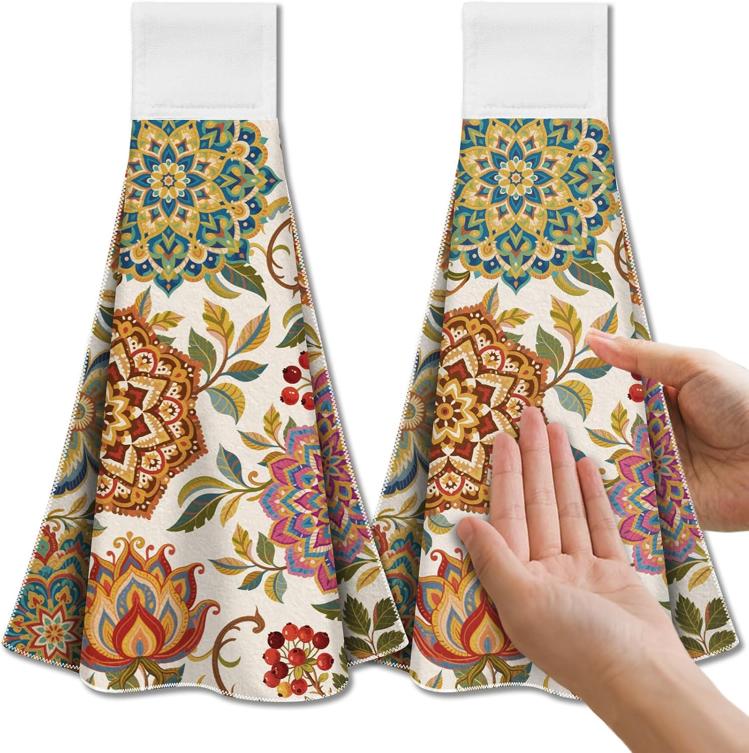 CUTHOLLOW Vintage Flower Pattern Hanging Kitchen Towels with Loop, Set of 2 - Soft & Super Absorbent Microfiber Decorative Hanging Dish & Hand Towel, Tea Coffee Towel for Kitchen Bathroom Oven Handle