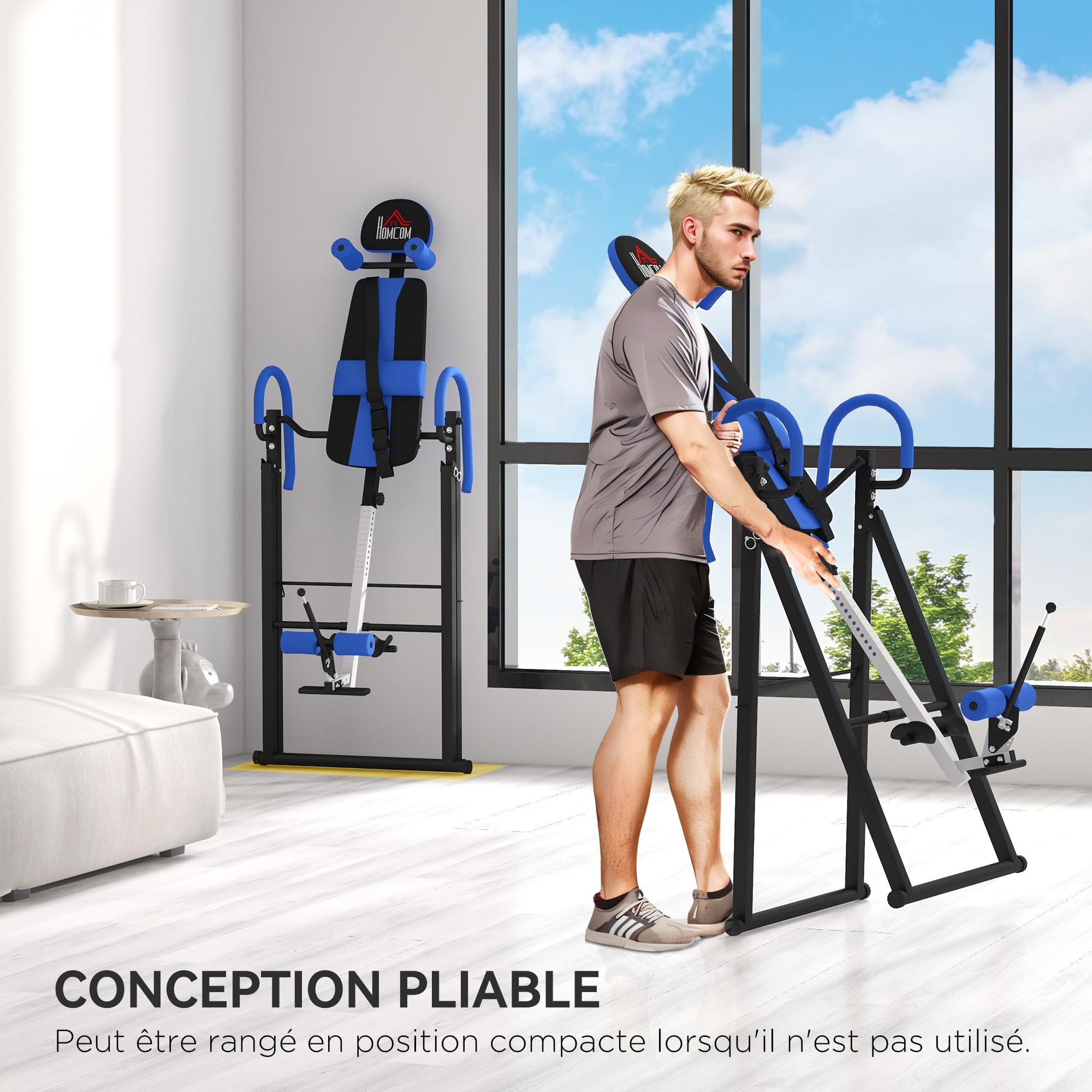 HOMCOM Table d'inversion de Musculation Pliable Ceinture de sécurité réglable Angle inversé Ajustable 3 Niveaux Acier Bleu Noir