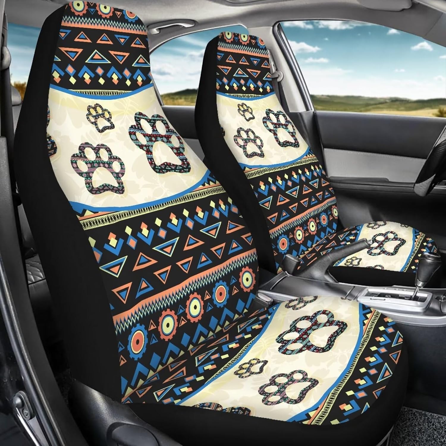 Southwest Africa Aztec Car Seat Covers for Women Men Washable Auto Accessories Dog Paw Print Elastic Bucket Cushion Protectors for Trucks Vans SUV