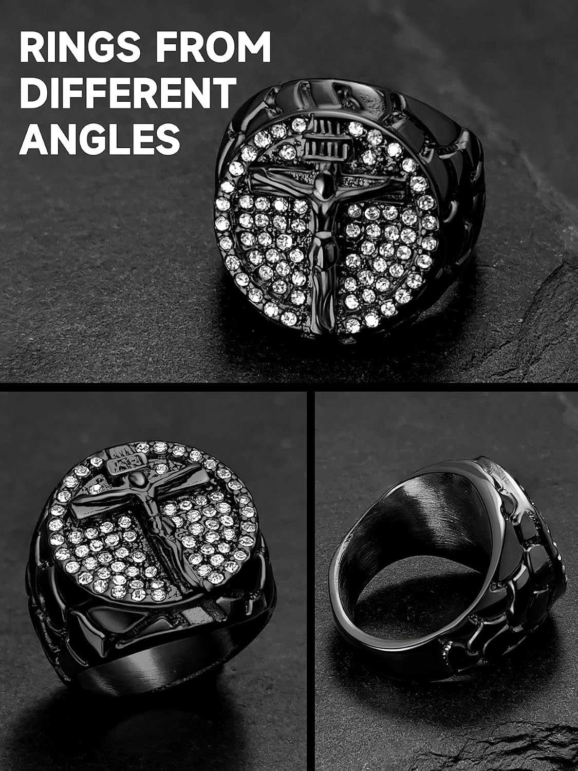 Men's Cross Ring Stainless Steel Cubic Zirconia Crucifix for Men, 18K Gold Plated, Black, Silver Religious Christian Jesus Ring, Size 7-14
