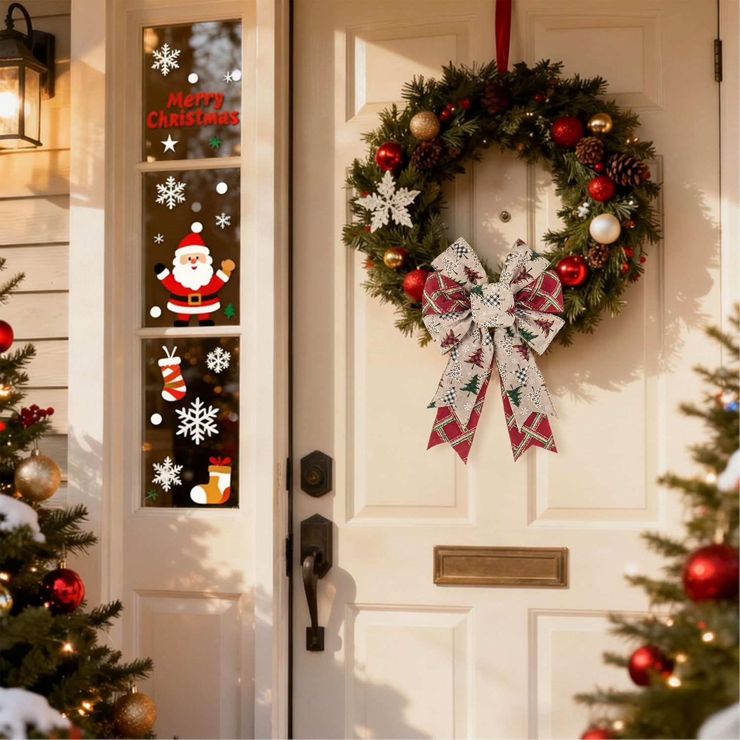 ALIBBON 2 Pcs Christmas Bows for Wreaths, Christmas Tree Wreath Bows Red White and Green Plaid Ribbon Bow for Front Door, Christmas Decorations, Xmas Tree Topper Bow for Indoor Outdoor Holiday Decor - Image 3