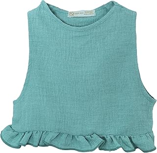 بلوزة كتان بدون اكمام مع حاشية مكشكشة، تركواز، نمط صيفي كاجوال