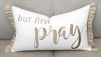 Rudransha But First Pray Embroidered Lumbar Pillow Cover - 12x20 Offwhite Cotton