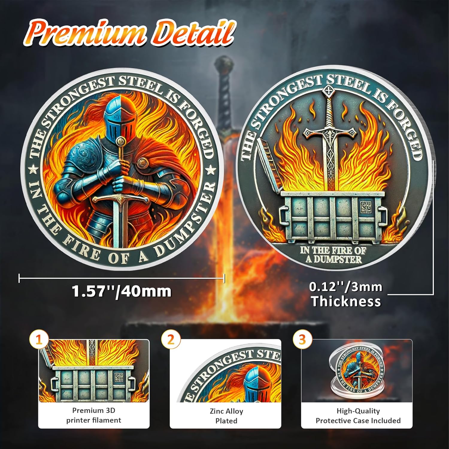 10PCS Knight Dumpster Fire Challenge Coin - The Strongest Steel is Forged Dumpster Fire Coin - Funny Desk Accessories for Work - Hilarious Coworker Go Away Token - Inspirational Gifts for Men Women