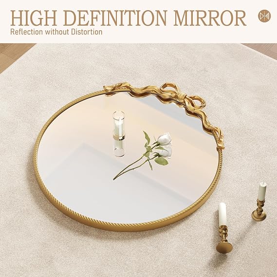 Round Gold Bow Mirror, 30x28 Vintage Mirror with Metal Frame