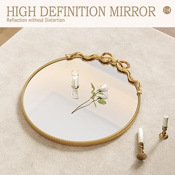 Round Gold Bow Mirror, 30x28 Vintage Mirror with Metal Frame
