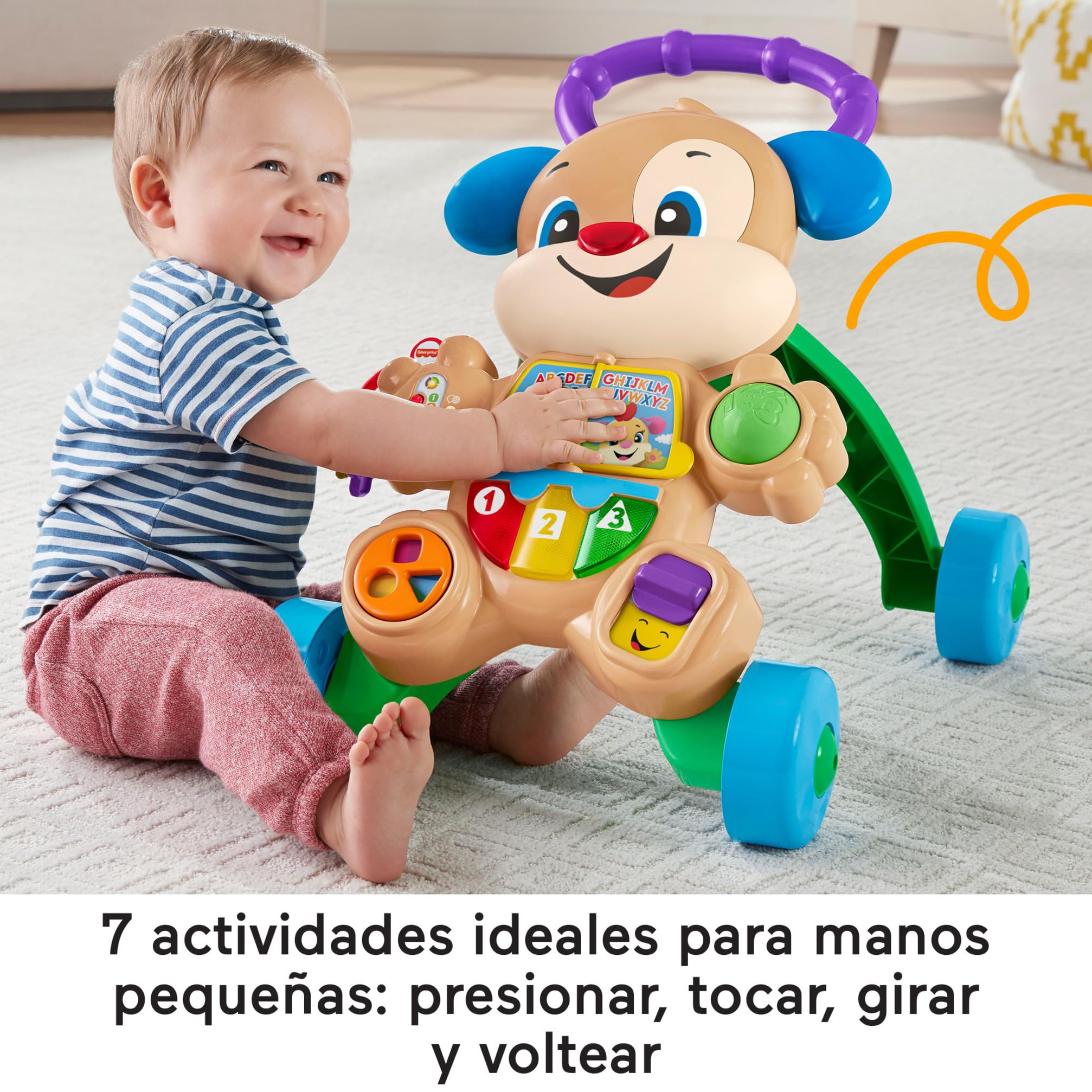 Fisher-Price Ríe y aprende Andador perrito primeros pasos, correpasillos con luces y sonidos, juguete de aprendizaje para bebé +6 meses, versión español + portugués + italiano + inglés (HWD62)