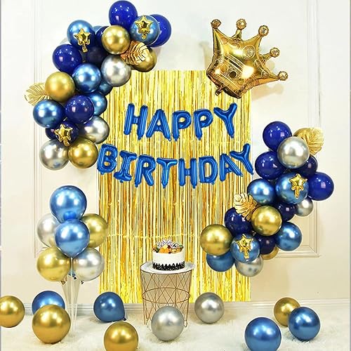 Juego de decoración de fiesta de cumpleaños azul dorado y plateado, pancarta de feliz cumpleaños, globos, cortina de flecos metálicos, corona