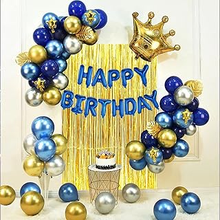Gold and silver blue Birthday Party Decoration Setï¼ŒIncluding Happy Birthday Banner, Balloons, Metallic Fringe Curtain, Golden Crown, Suit Perfect For Girls or Boys, Men or Women Birthday Party