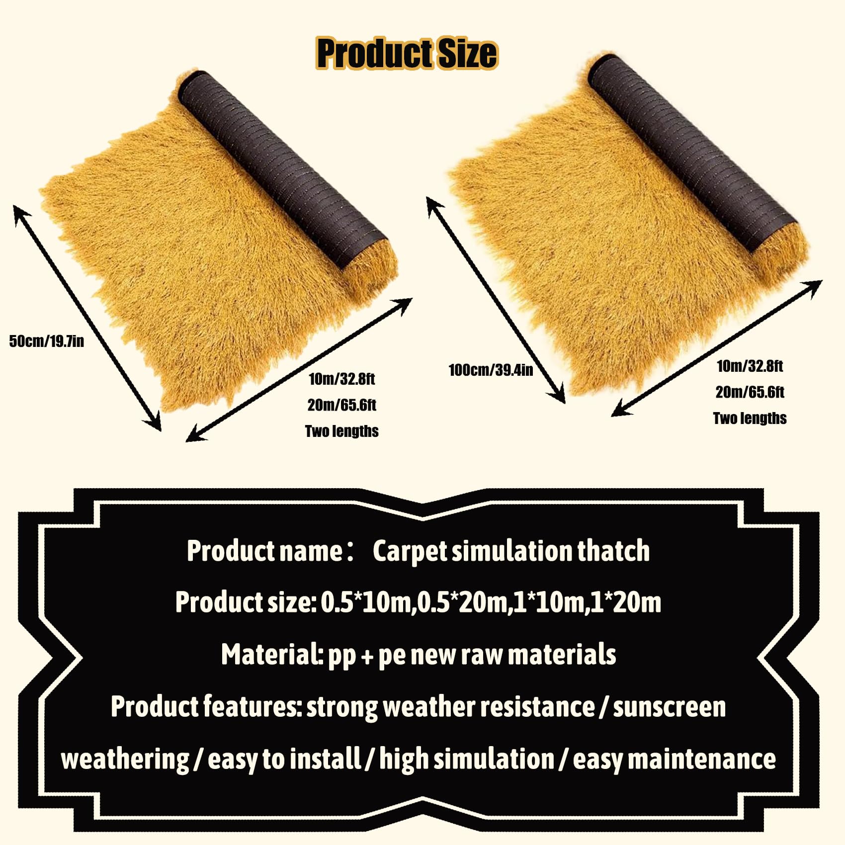 Tejas de Paja simulada de Hoja de Palmera - Tejado de Paja Artificial de PE/PP Duradero para Bares Tiki, cenadores, Patios fácil de Instalar, sin Mantenimiento(Size:100cm*20m(39.4in*65.6ft))