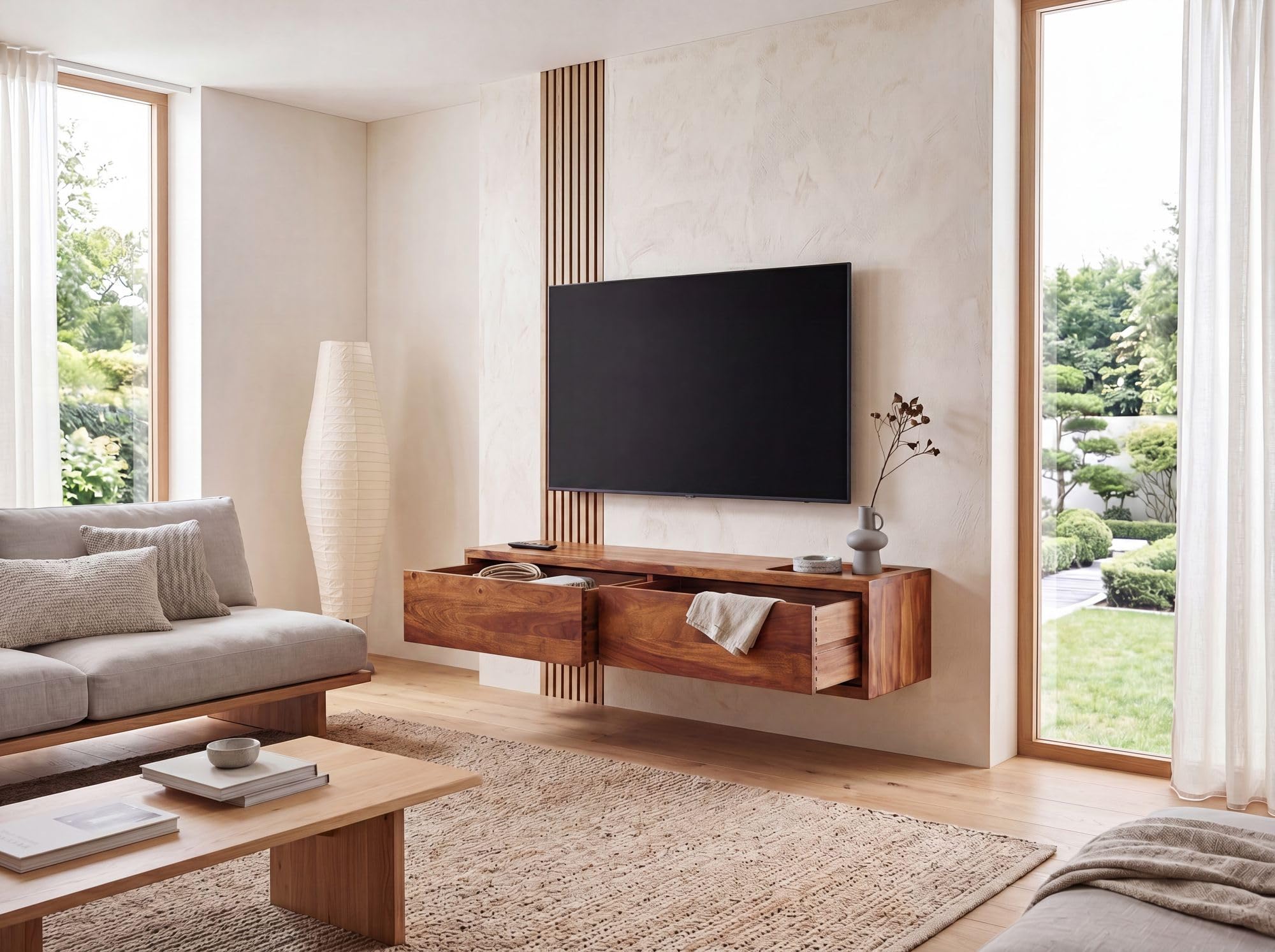 FineBuy Mueble TV Lowboard Colgante Mango Madera Maciza 108x25x34 cm Marrón | Soporte de TV de Diseño Moderno | Mueble de televisión de Pared