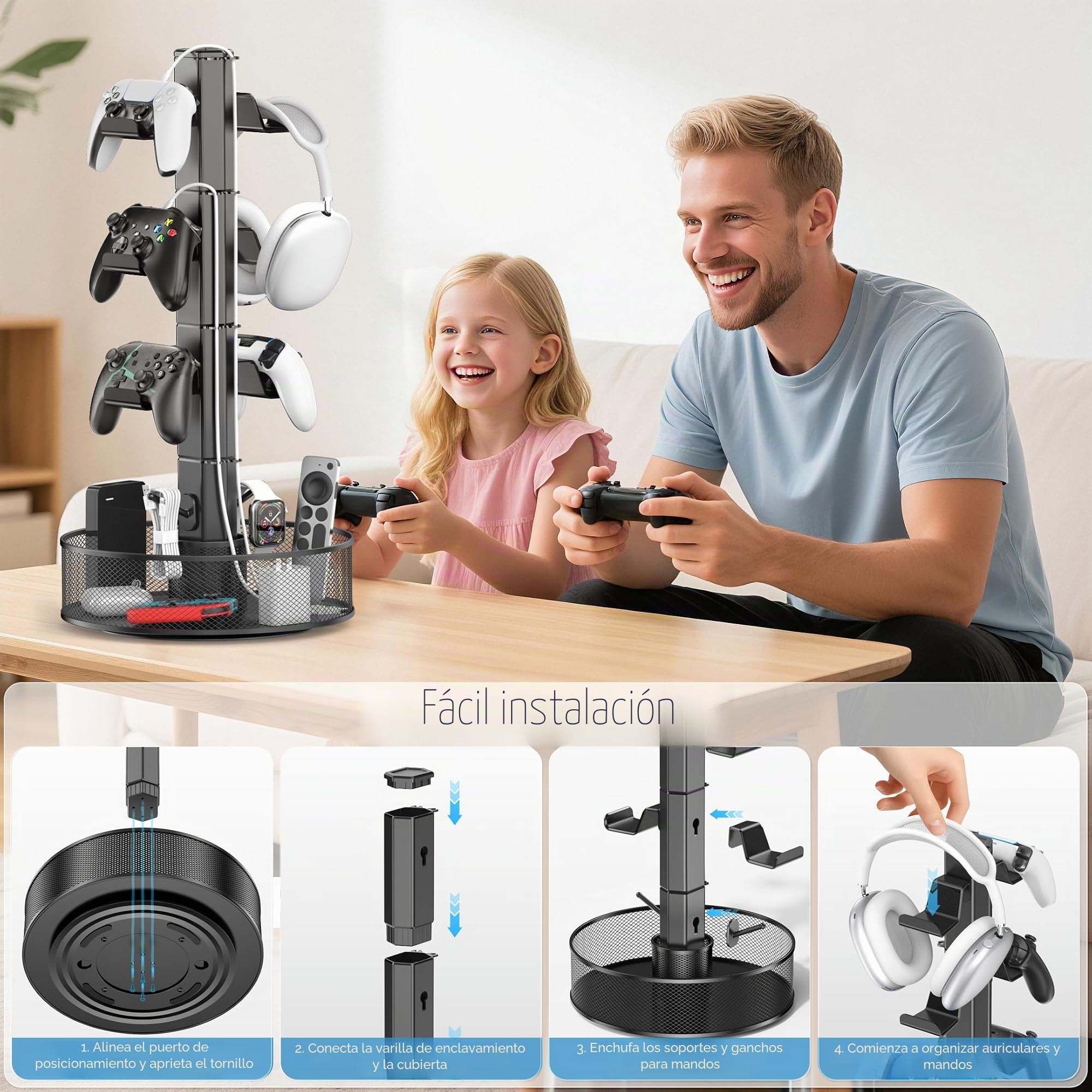 Kosker Soporte para Mando Mesa de Gran Capacidad con Cesta Giratoria, Universal Soporte Auriculares y Mando para PS5/PS4/Xbox/Switch/PC Accesorio, Colgador Cascos con Organizador de Cable, 4 Niveles