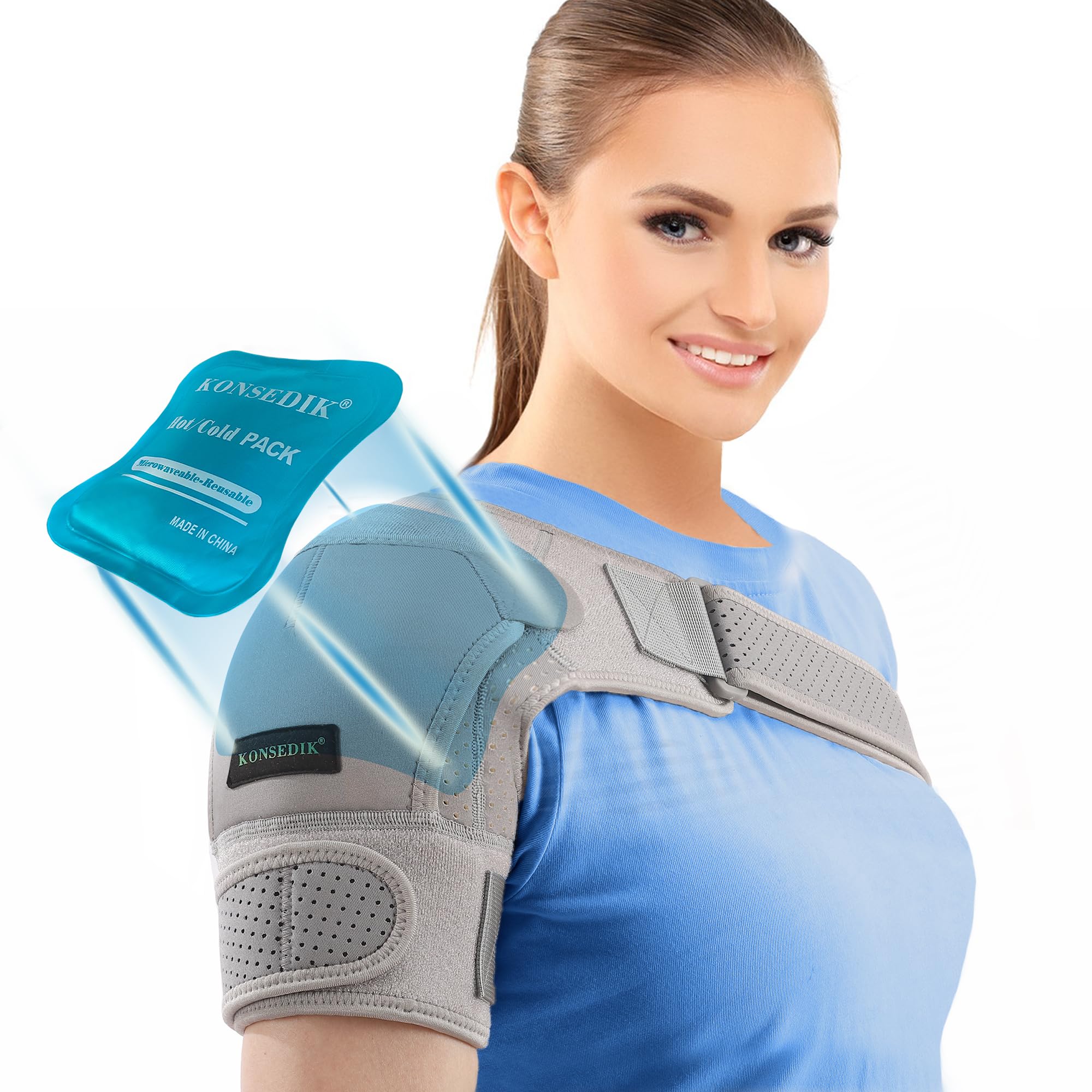 KONSEDIK Schulterbandage für Damen und Herren, Schulterstabilitätsstütze, verstellbare Passform, für Schulterverletzungen, Sehnenentzündung, Luxation, gerissene Rotatorenmanschette, Schmerzlinderung