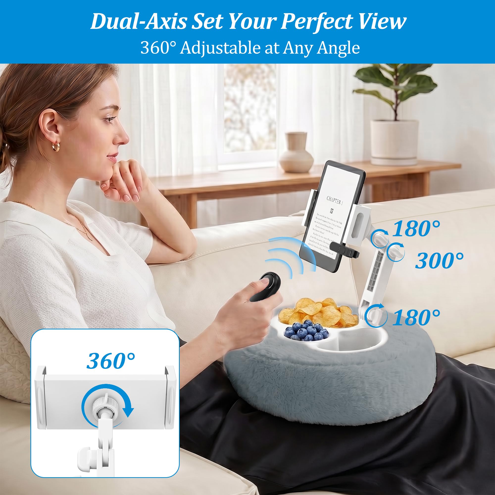 PlusAcc Cojín para Kindle con 3 Boles para Snacks – Soporte Tableta cojín,Ajustable 360° para Usar en el Regazo,Soporte de Lectura Manos Libres para Kindle,Kobo,Lavable Mando a Distancia Gris