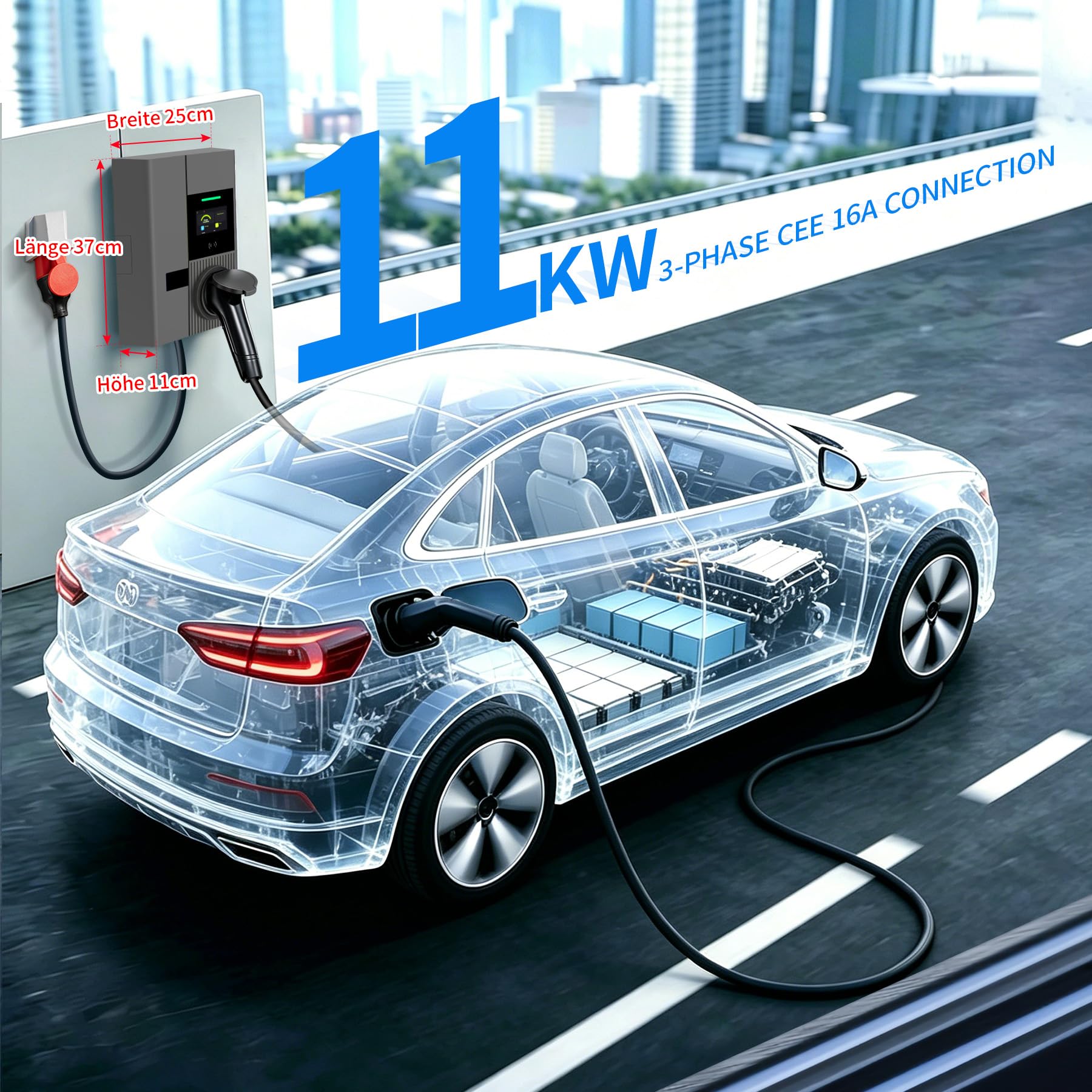 Wallbox 11kW with App & RFID - Wall Box with CEE Plug, 3-Phase Type 2 EV Charger 400V, 6-16A, Electric Car Charging Station for BEV PHEV ID.3/4/5/7 Model 3/Y
