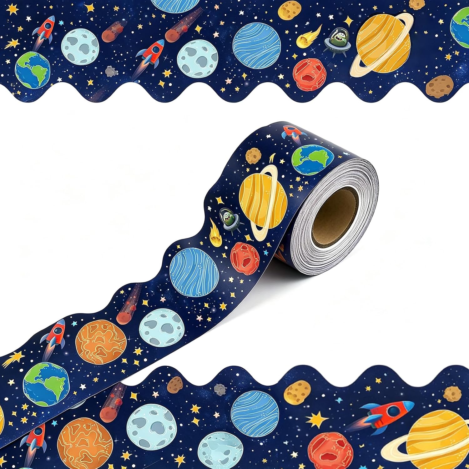 DMJUNCONG 68.9 Feet Galaxy Outer Space Galaxy Star Planet Bulletin Board Border Scalloped Bulletin Board Trim for Classroom Decoration,Wall Decoration,Home Decoration,Birthday Party Decorations