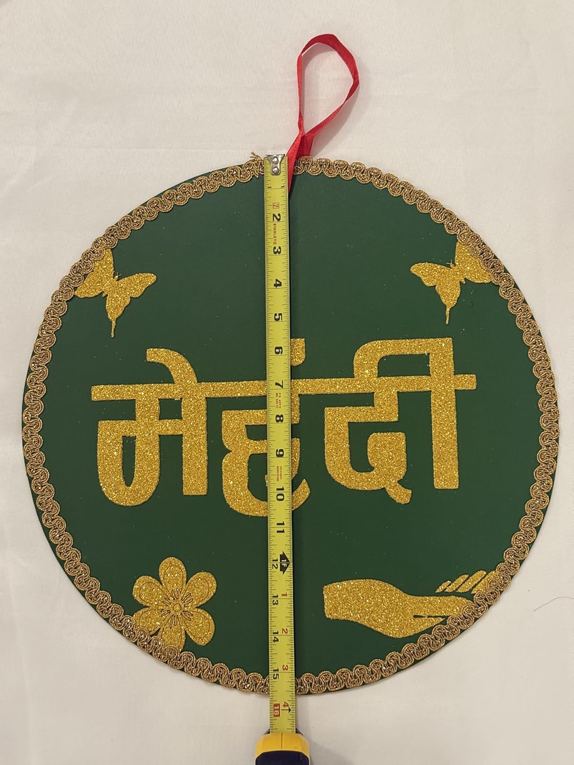 Decorative Mehendi Board, 15.5Inch Round, Green and Gold with Butterflies, Red Ribbon Hanger