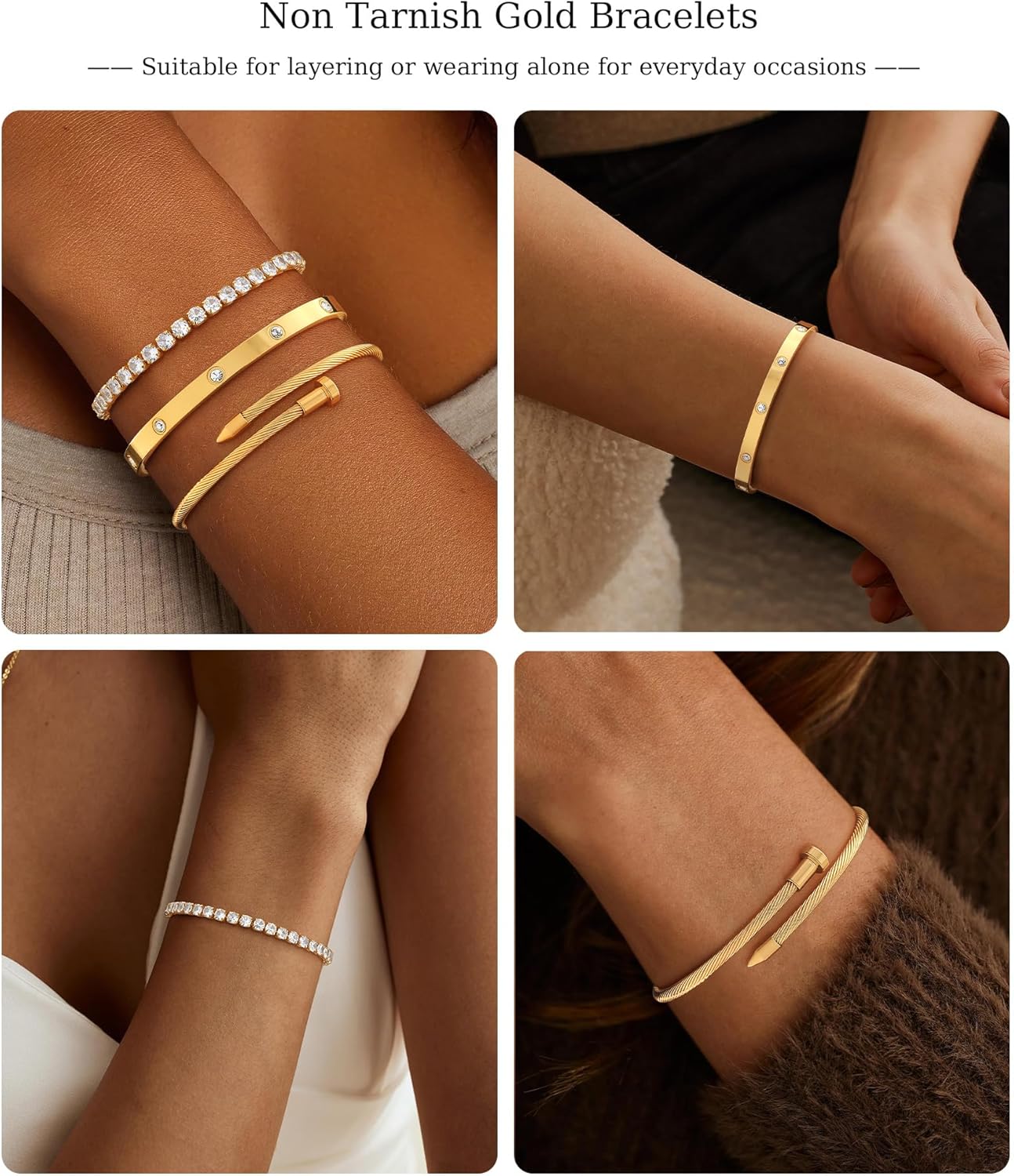 ZOERAY Silver Gold Bangle Bracelets for Women Non Tarnish 14k Gold Plated Stackable Cuff Bracelets for Women Trendy Cubic Zirconia Stainless Steel Chunky Bracelet Stack Set Waterproof Jewelry Gifts - Image 6