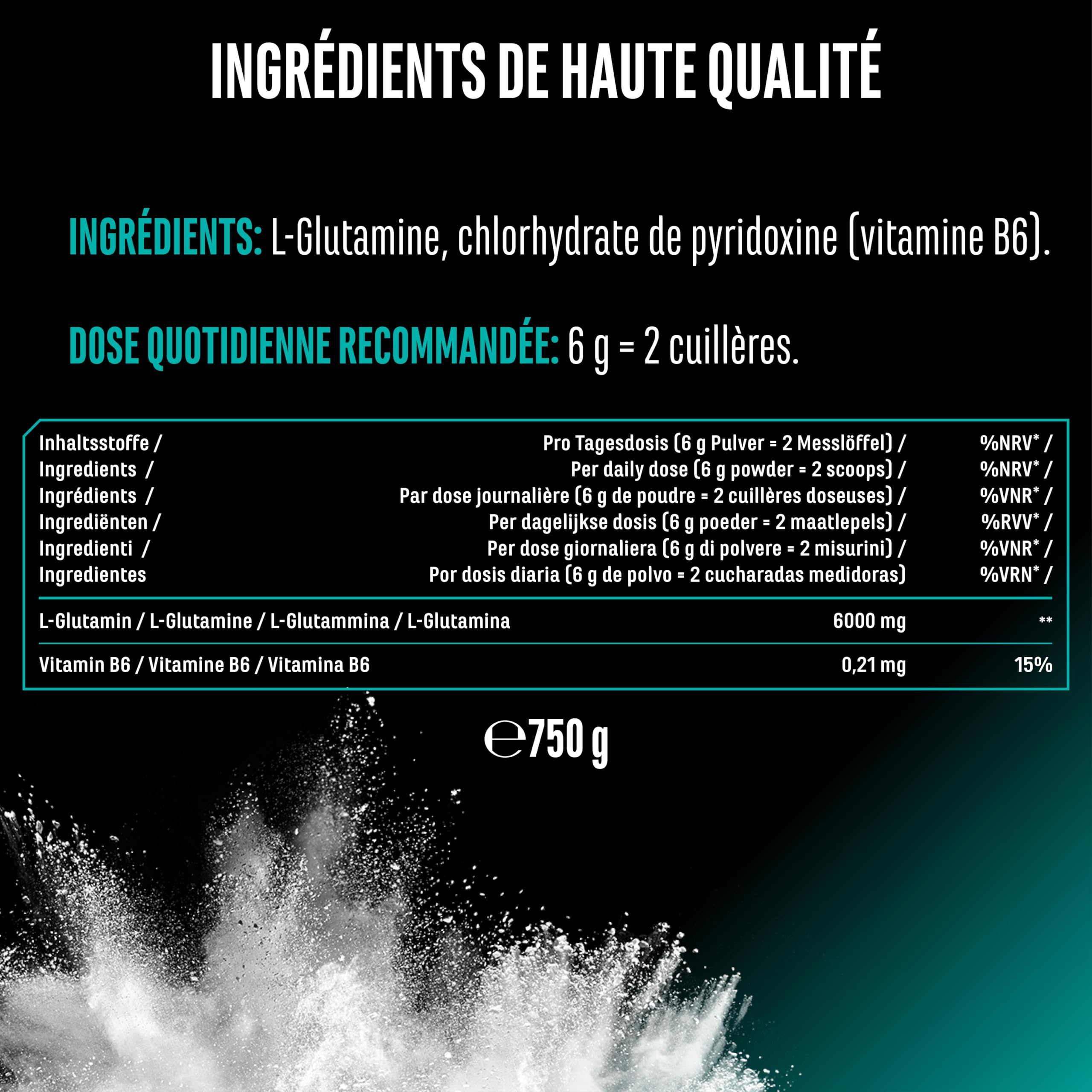 L-Glutamine en poudre - 750 g - Premium : Poudre pure et ultrafine sans additifs - Acide aminé L-Glutamine 100% micronisé - Neutre non aromatisé - Hautement dosé - Vegan