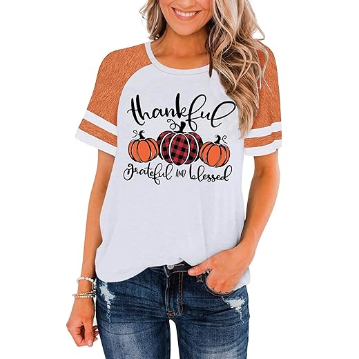 Thankful Grateful Blessed Shirts Women Thanksgiving Pumpkin T-Shirt Raglan Short Sleeve Fall Tshirts