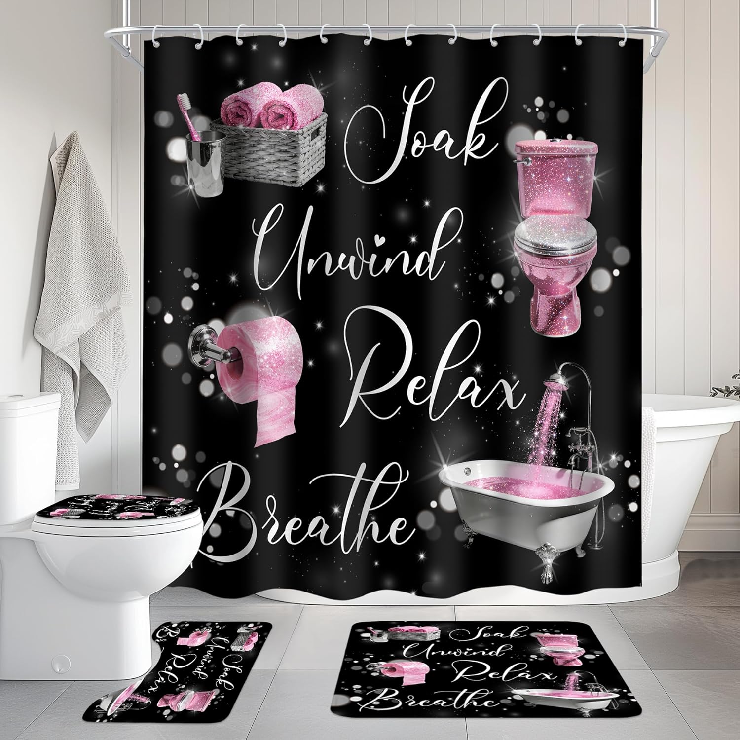 Cinbloo 4Pcs Black Pink Shower Curtain Set, Fashion Funny Quotes Positive Inspirational Words Modern Bathroom Curtain with Rug, Toilet Lid Cover, Bath Mat, Women Girls Shower Curtain with 12 Hooks