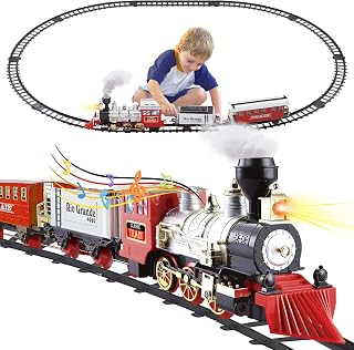 WASAiKA Train Track Toys with Lights, Smokes, Sound and Railway Kits, Train Set Including Steam Locomotive Engine, Cargo Cars,Tracks, Christmas Tree Decoration Gifts for 3+ Boys Girls Kids