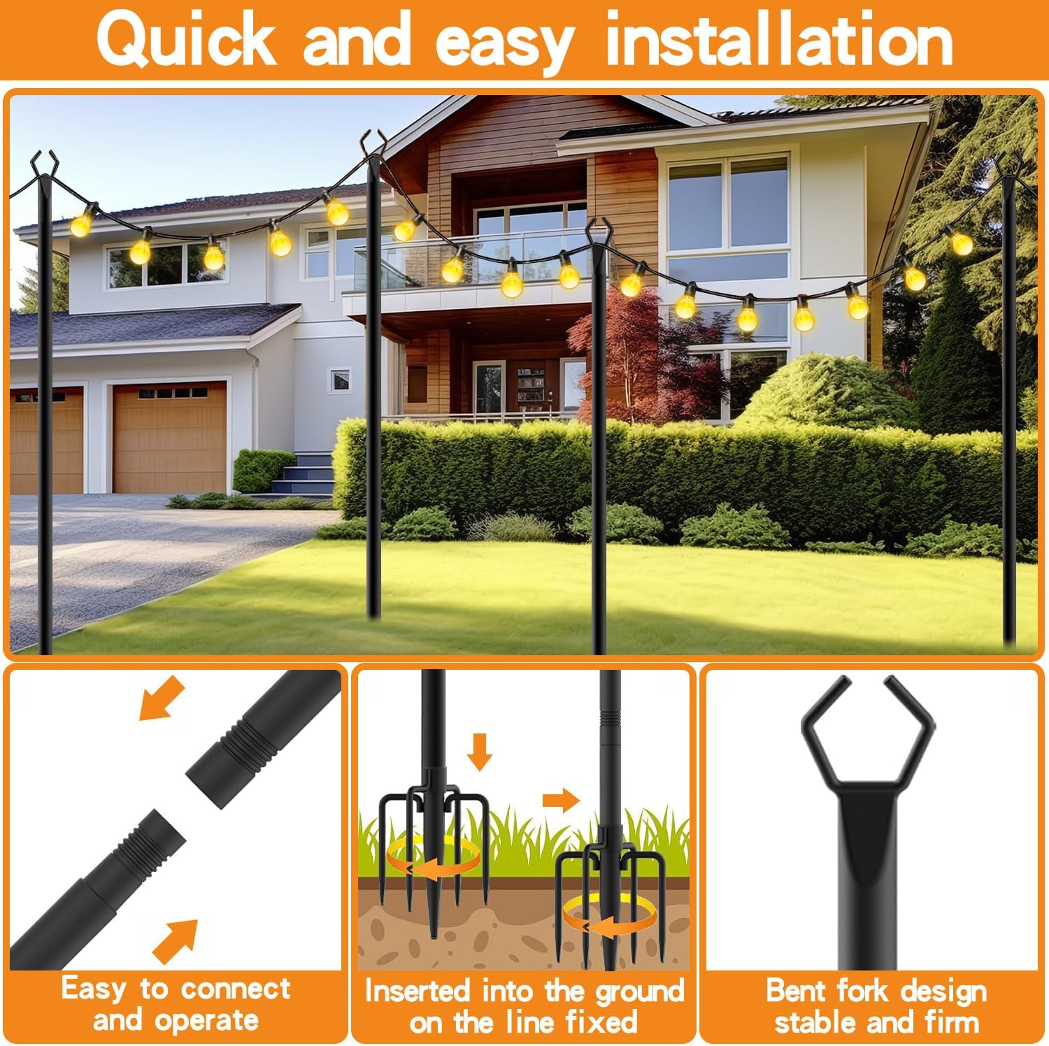 6 Pack 10ft String Light Poles,Poles For Outdoor String Lights With Fork Adjustable Lighting Stand For Patio Deck,Garden,Wedding,Backyard,Christmas Party Decor