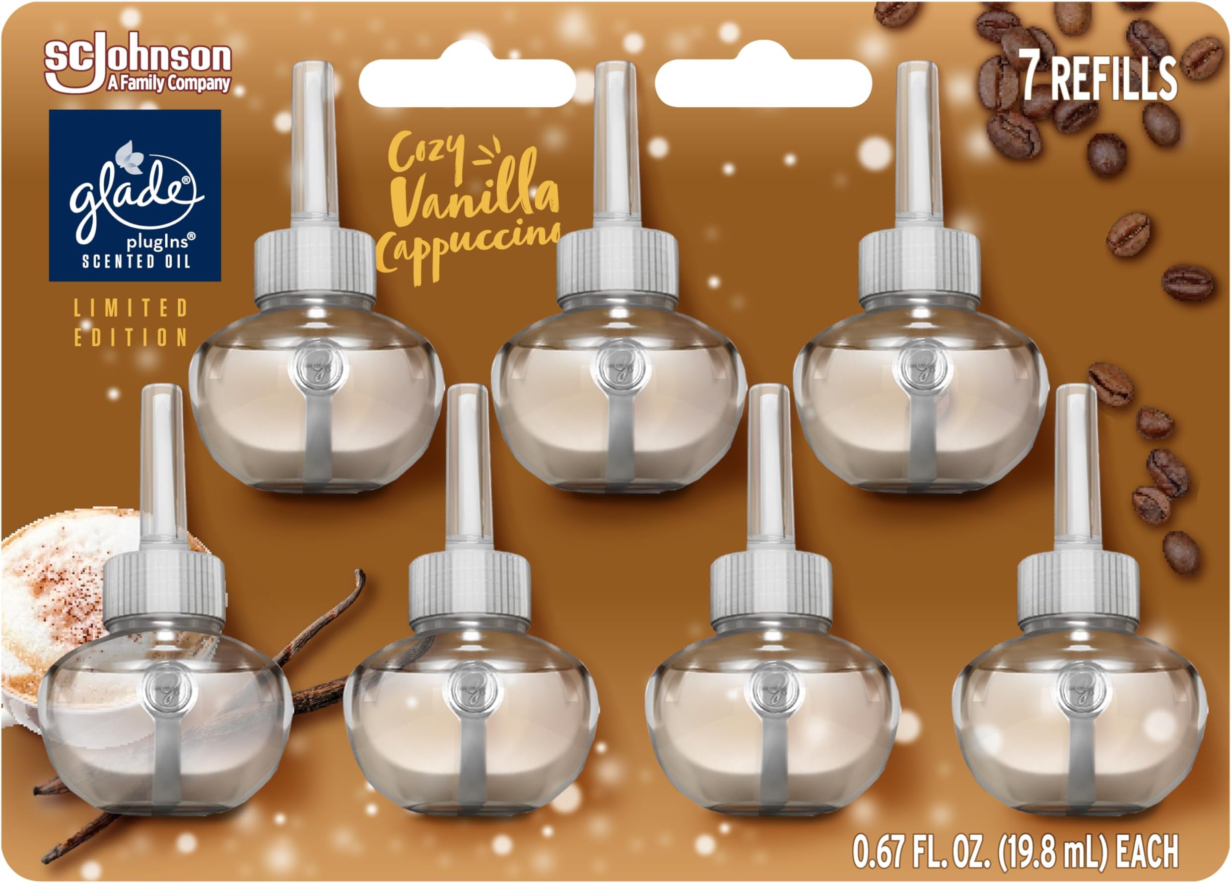 PlugIns Refills Air Freshener, Scented and Essential Oils for Home and Bathroom, Cozy Vanilla Cappuccino, 4.69 Fl Oz, 7 Count