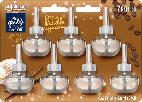 Glade PlugIns Refills Air Freshener, Scented and Essential Oils for Home and Bathroom, Cozy Vanilla Cappuccino, 4.69 Fl Oz, 7 Count