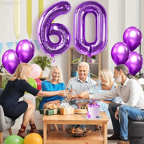 Vista 8 de KatchOn, Globos morados grandes del número 60, 40 pulgadas, globos de cumpleaños de 60 años, decoraciones moradas de 60 cumpleaños, globos de 60
