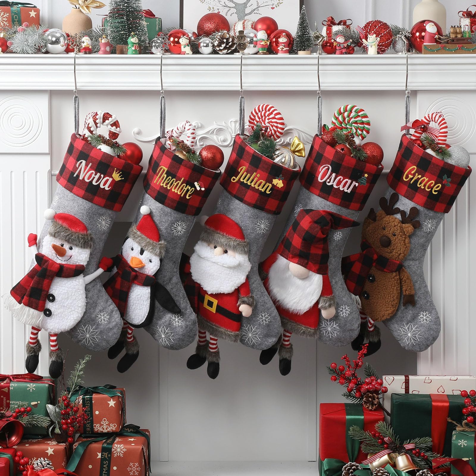 Infiher Personalised Christmas Stockings with Embroidered Name,Custom 3D Xmas Character Stocking 1 Pack 18” Large,Santa,Snowman & Reindeer Fireplace Hanging Burlap Plaid Grey Stockings