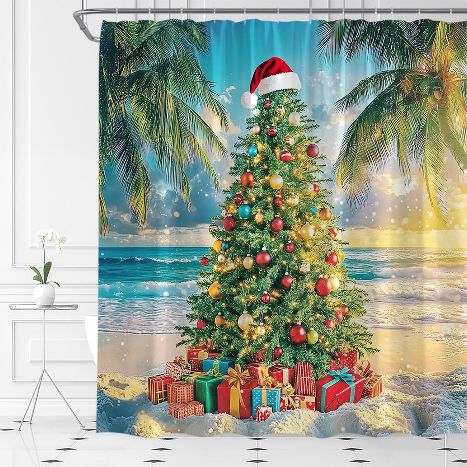 Summer Christmas Tree Shower Curtain Tropical Beach Xmas in July New Year Holiday Fabric Bathroom Decor Set with Hooks,(84" Wx70 H)