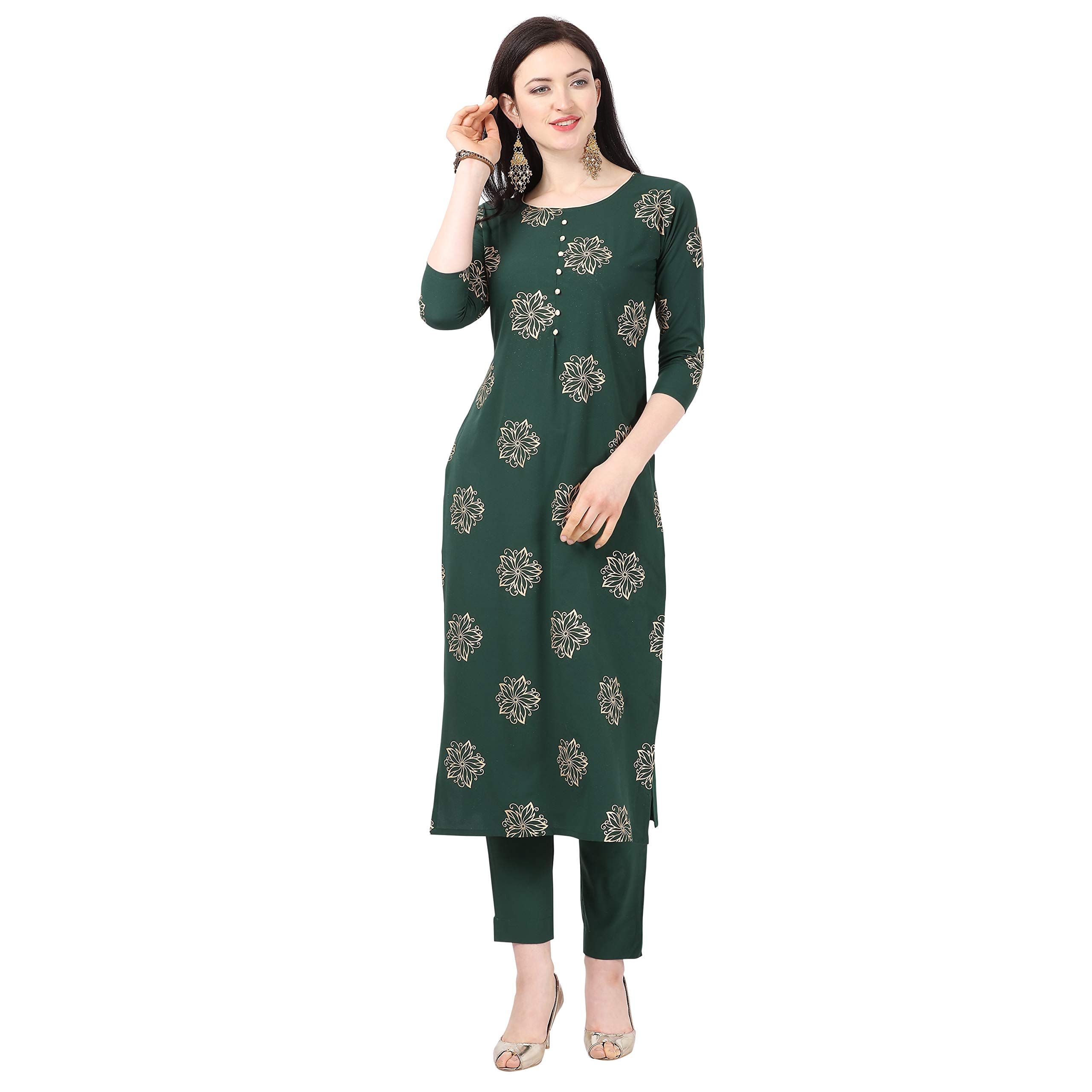 NAINVISH Women Green Crepe Straight Kurti with Pant Set (SD033)