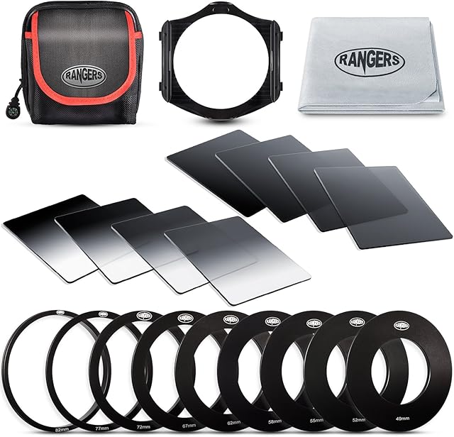 Rangers Series ND Filter kit Includes Full ND2, ND4, ND8, ND16 Filters + Graduated ND2, ND4, ND8, ND16 Filters + 9 Filter Adaptors (49-82mm) + 1 Adaptor Holder + Carrying Case + Lens Cleaning Cloth
