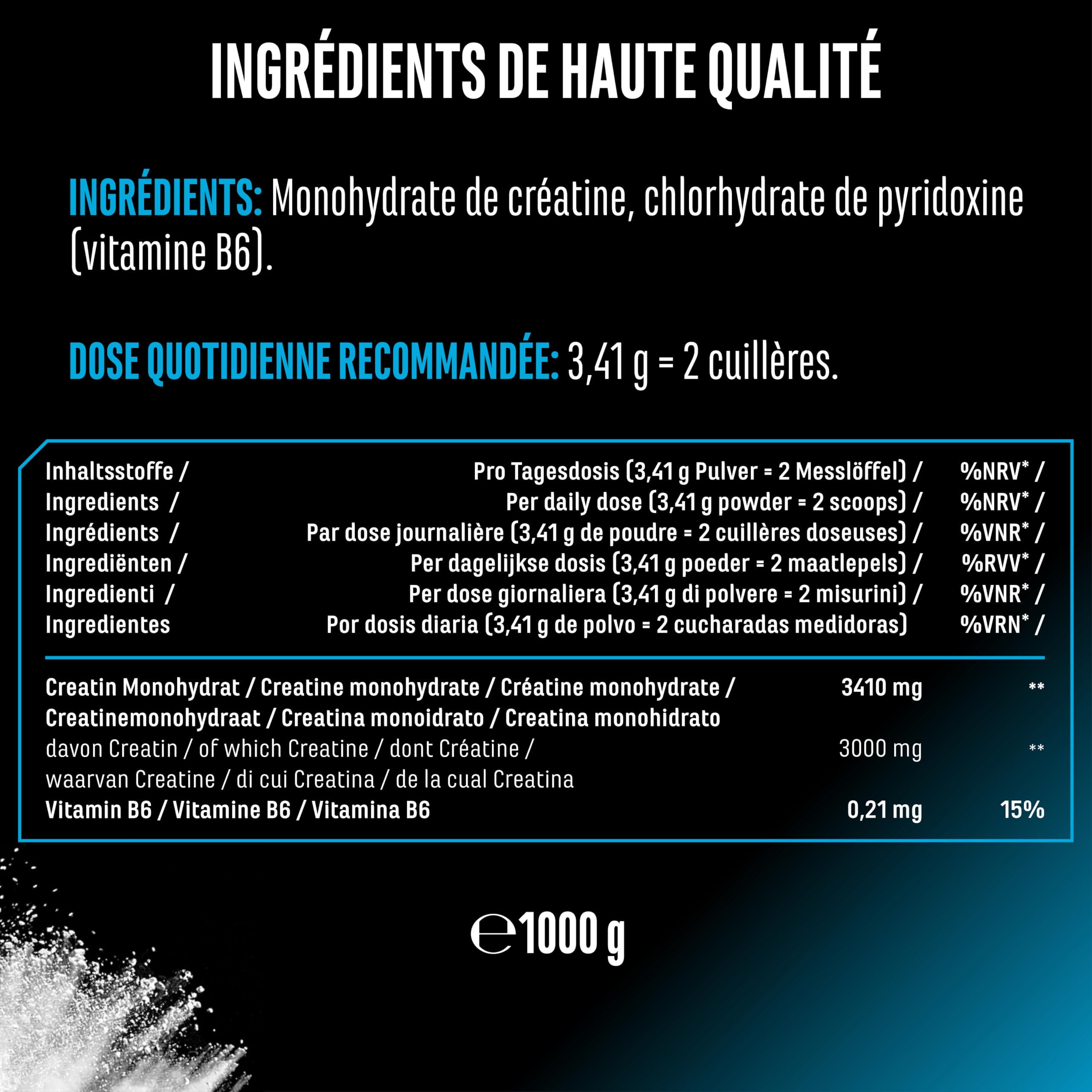 Créatine Monohydrate en Poudre 1000 g – Créatine Monohydrate Microfine, Très Soluble et Fortement Dosée – sans Additifs Inutiles – Vegan – 293 Portions