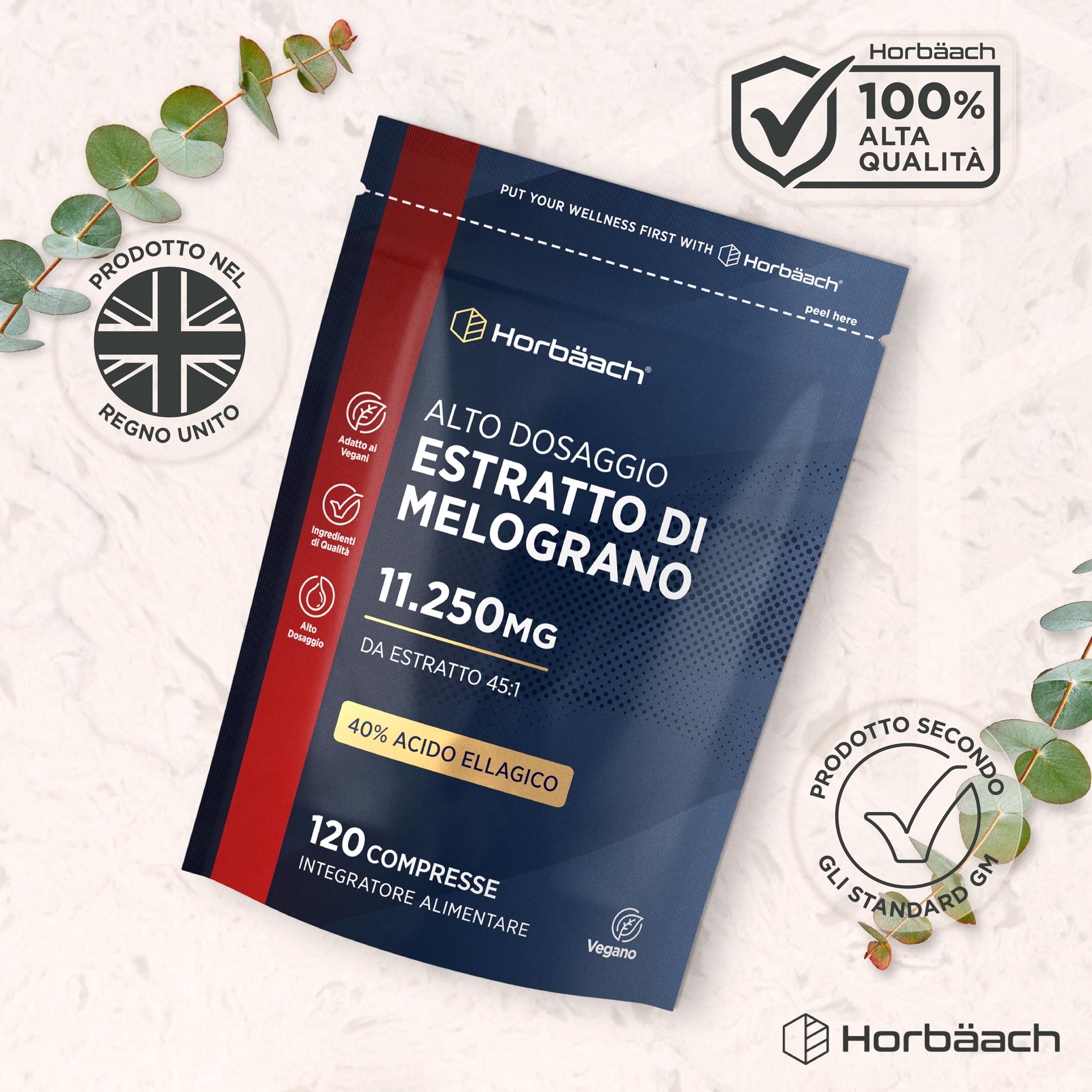 Estratto di Melograno Integratore 11250 mg | 120 Compresse Vegane | 4 Mesi di Scorta | 40% di Acido Ellagico | Pomegranate Extract Supplement | di Horbaach