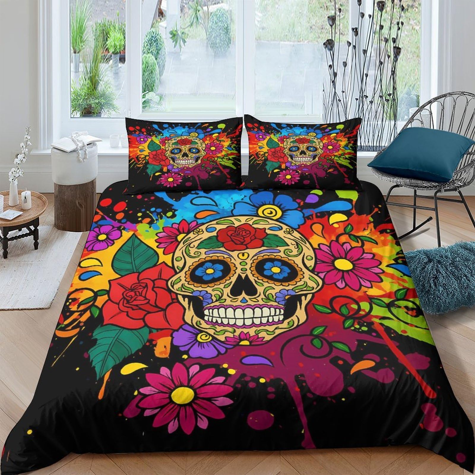 XFKLYNVCJ 3D Printed sugar skull Quilt Cover Brushed Microfiber colorful floral design Comforter Cover Hypoallergenic Easy Care Friends Family Home Bedroom Use Single（135x200cm）